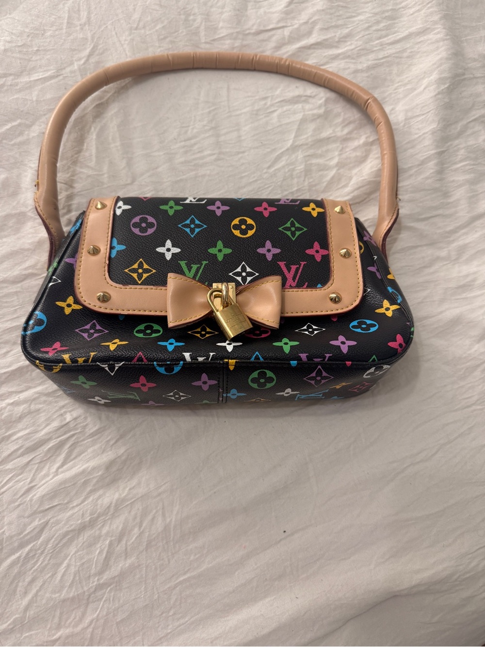Cute Multicolor Monogram Black Shoulder Bag with Beige Trim